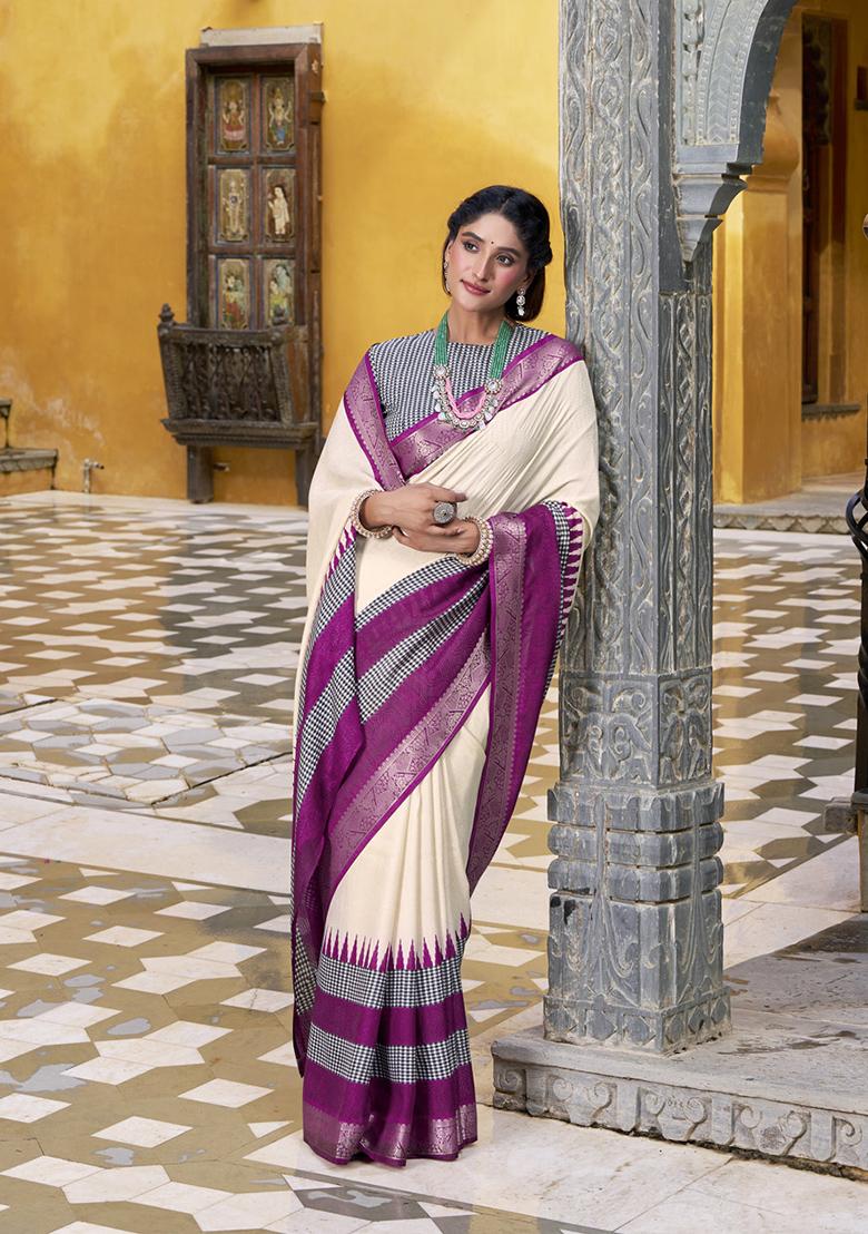 Off White Printed Cotton Saree Set - Indya