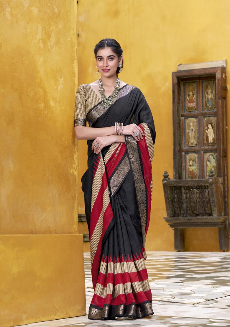 Black Printed Cotton Saree Set - Indya