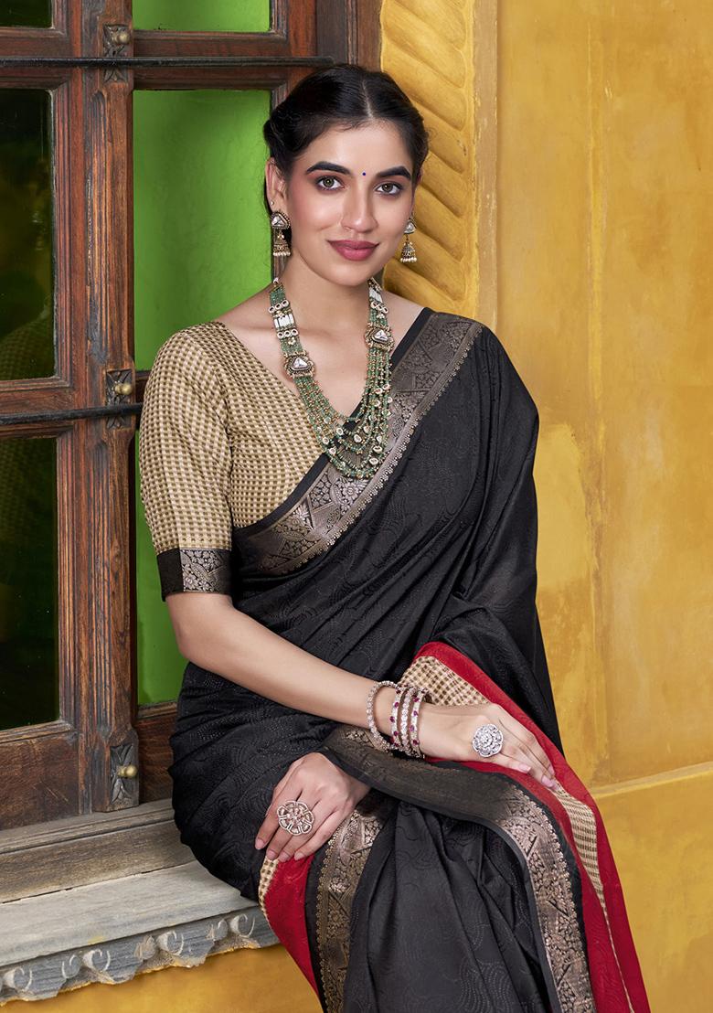 Black Printed Cotton Saree Set - Indya