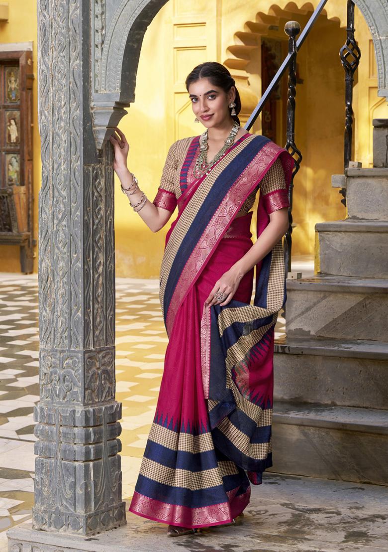 Pink Printed Cotton Saree Set - Indya