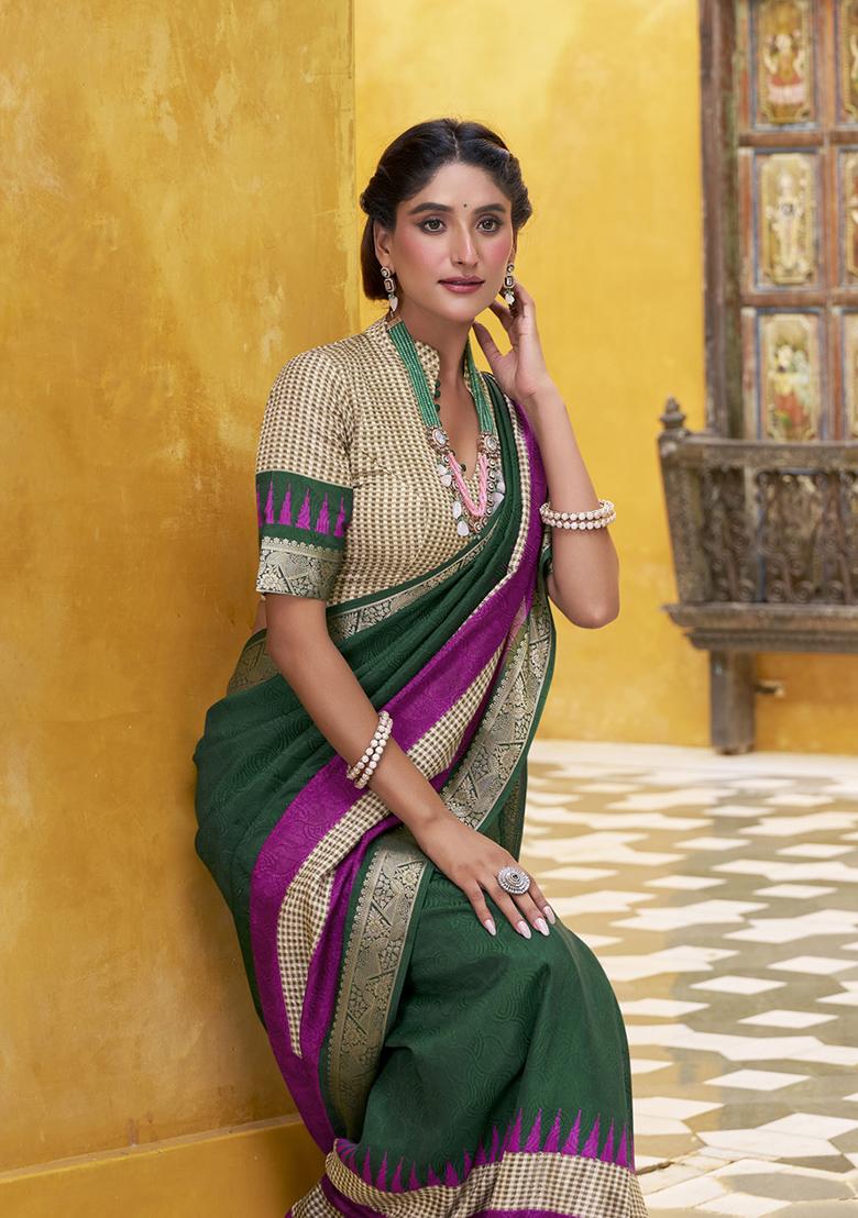 Green Printed Cotton Saree Set - Indya