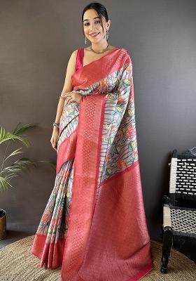 Beige Deep Pink Printed Silk Saree Set