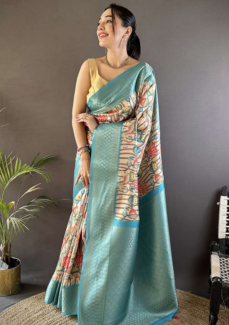 Beige Feroze Blue Printed Silk Saree Set - Indya