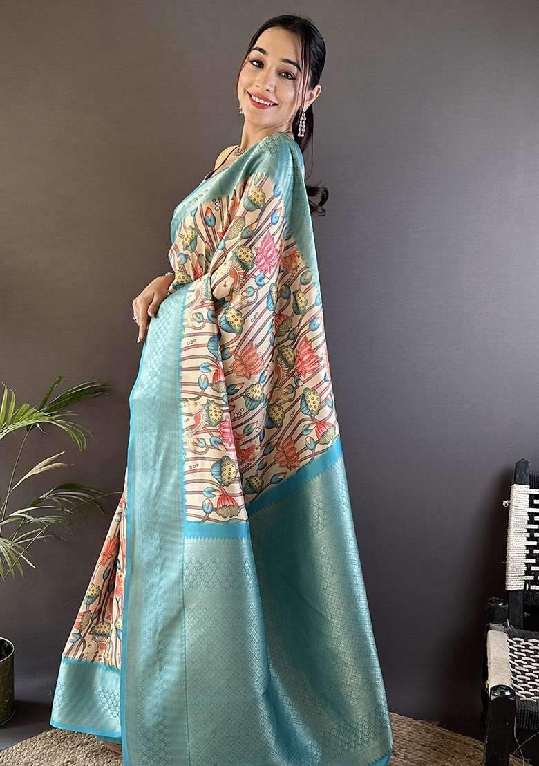 Beige Feroze Blue Printed Silk Saree Set - Indya