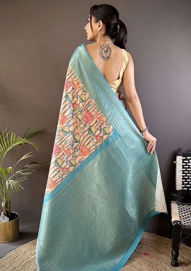 Beige Feroze Blue Printed Silk Saree Set - Indya