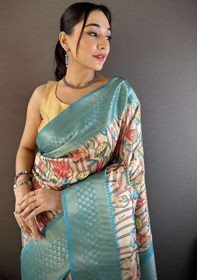 Beige Feroze Blue Printed Silk Saree Set - Indya