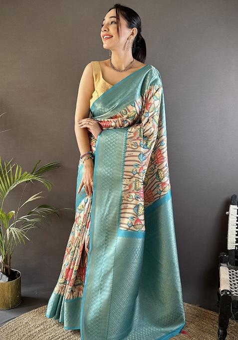 Beige Feroze Blue Printed Silk Saree Set