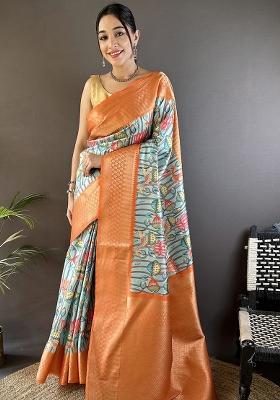Beige Orange Printed Silk Saree Set