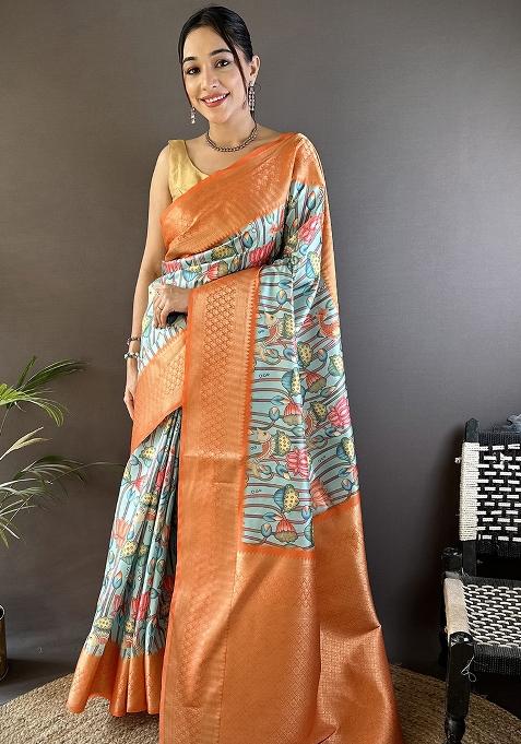 Beige Orange Printed Silk Saree Set