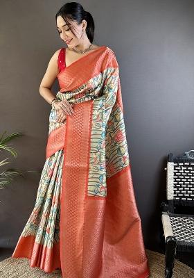 Beige Reddish Orange Printed Silk Saree Set