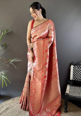 Peach Flower Jall Pattern Silk Saree Set