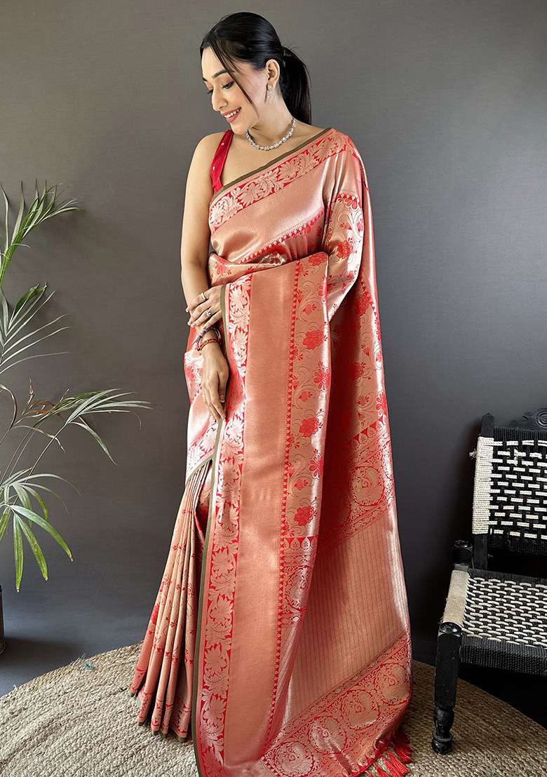 Peach Flower Jall Pattern Silk Blend Saree Set for Diwali | Wedding & Festive Wear - Indya