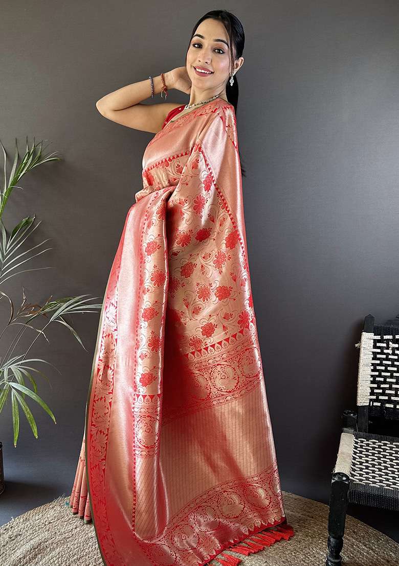 Peach Flower Jall Pattern Silk Blend Saree Set for Diwali | Wedding & Festive Wear - Indya