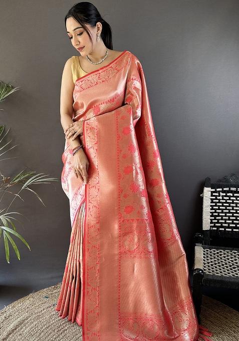 Onion Pink Flower Jall Pattern Silk Saree Set