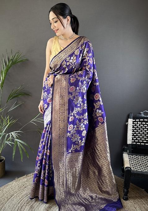 Violet Floral & Ethnic Motifs Design Silk Saree Set