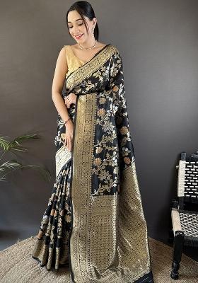 Black Floral & Ethnic Motifs Design Silk Saree Set
