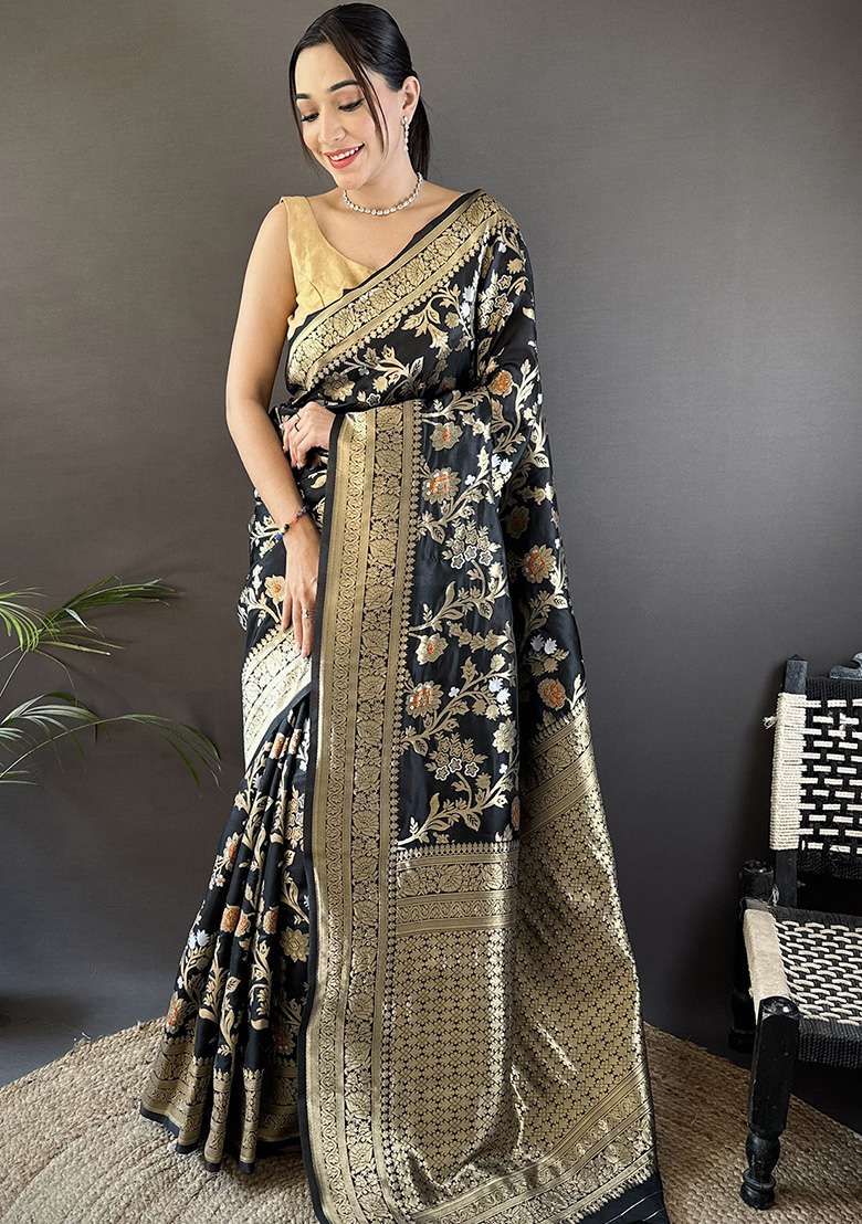 Black Floral & Ethnic Motifs Design Silk Blend Saree Set for Diwali and Festive Wear - Indya