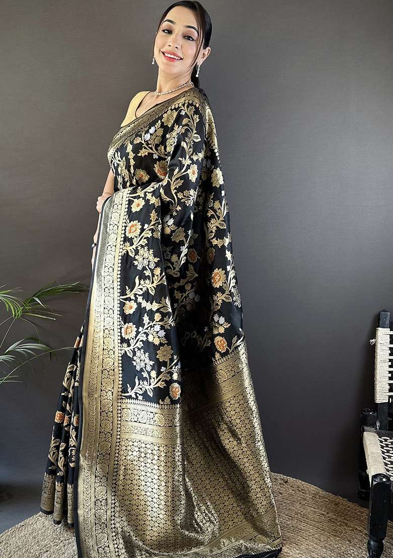 Black Floral & Ethnic Motifs Design Silk Blend Saree Set for Diwali and Festive Wear - Indya