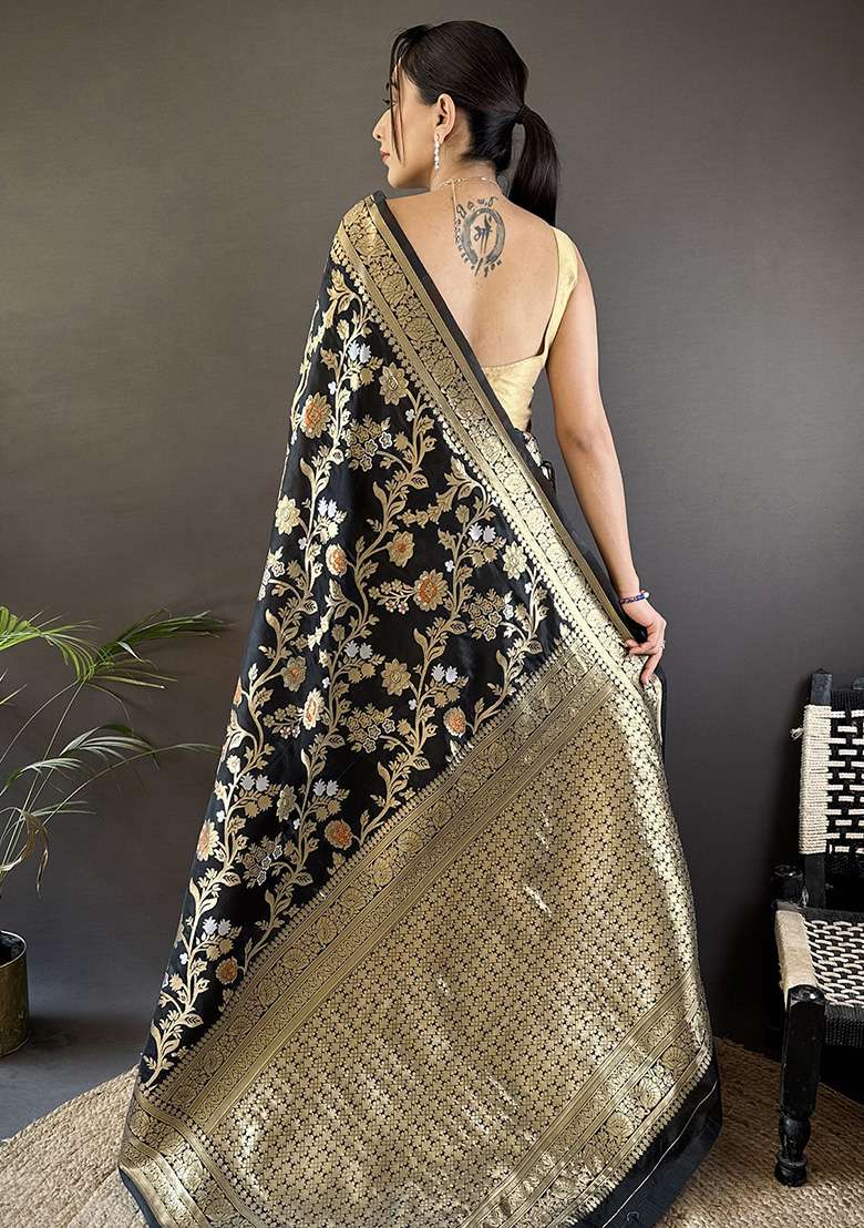 Black Floral & Ethnic Motifs Design Silk Blend Saree Set for Diwali and Festive Wear - Indya