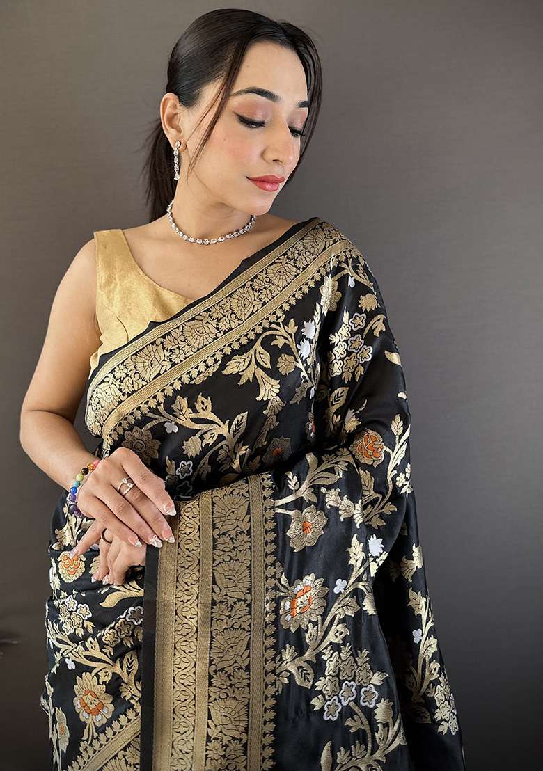 Black Floral & Ethnic Motifs Design Silk Blend Saree Set for Diwali and Festive Wear - Indya