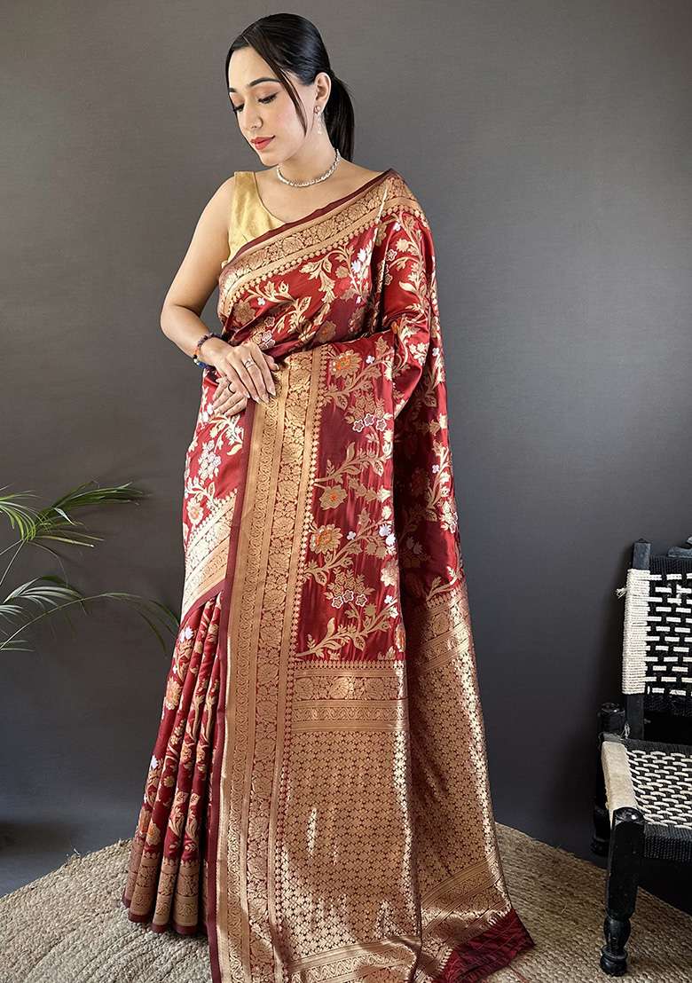 Maroon Floral & Ethnic Motifs Design Silk Blend Saree Set for Diwali and Festive Wear - Indya