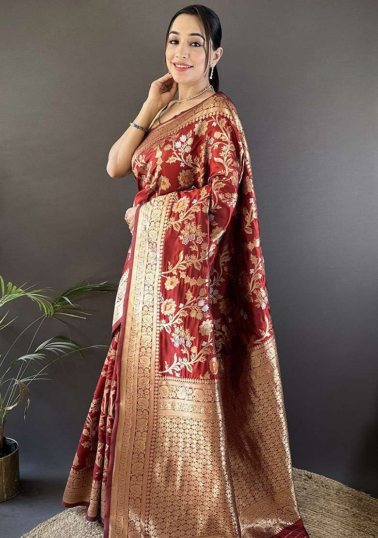 Maroon Floral & Ethnic Motifs Design Silk Blend Saree Set for Diwali and Festive Wear - Indya
