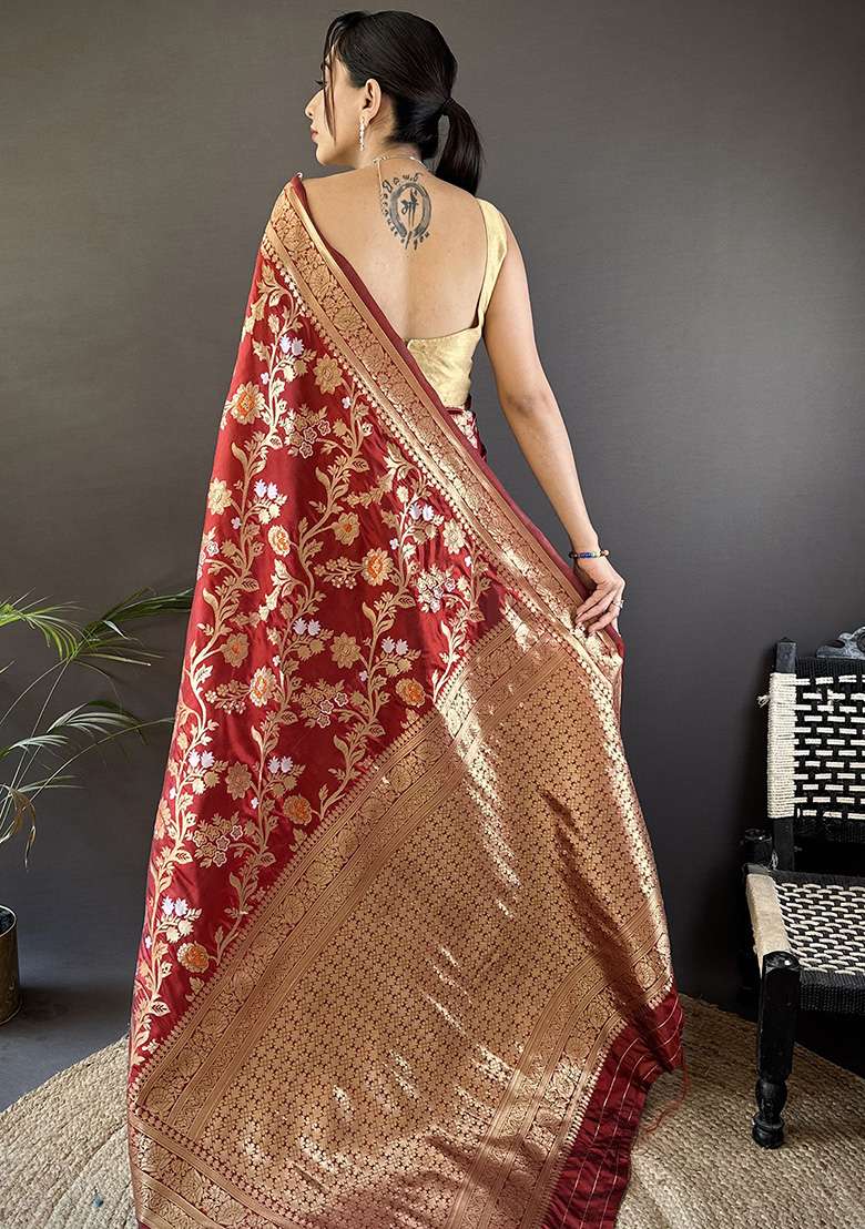 Maroon Floral & Ethnic Motifs Design Silk Blend Saree Set for Diwali and Festive Wear - Indya