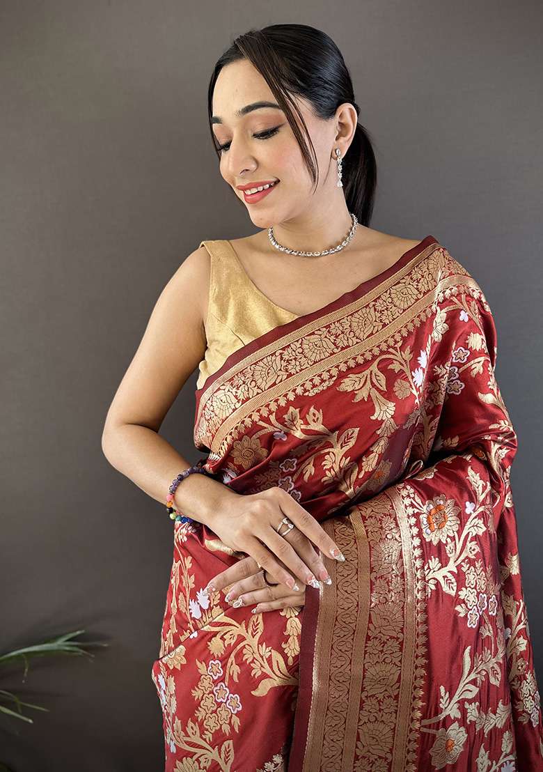 Maroon Floral & Ethnic Motifs Design Silk Blend Saree Set for Diwali and Festive Wear - Indya