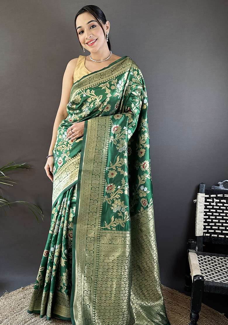 Green Floral & Ethnic Motifs Design Silk Blend Saree Set for Diwali | Wedding & Festive Wear - Indya