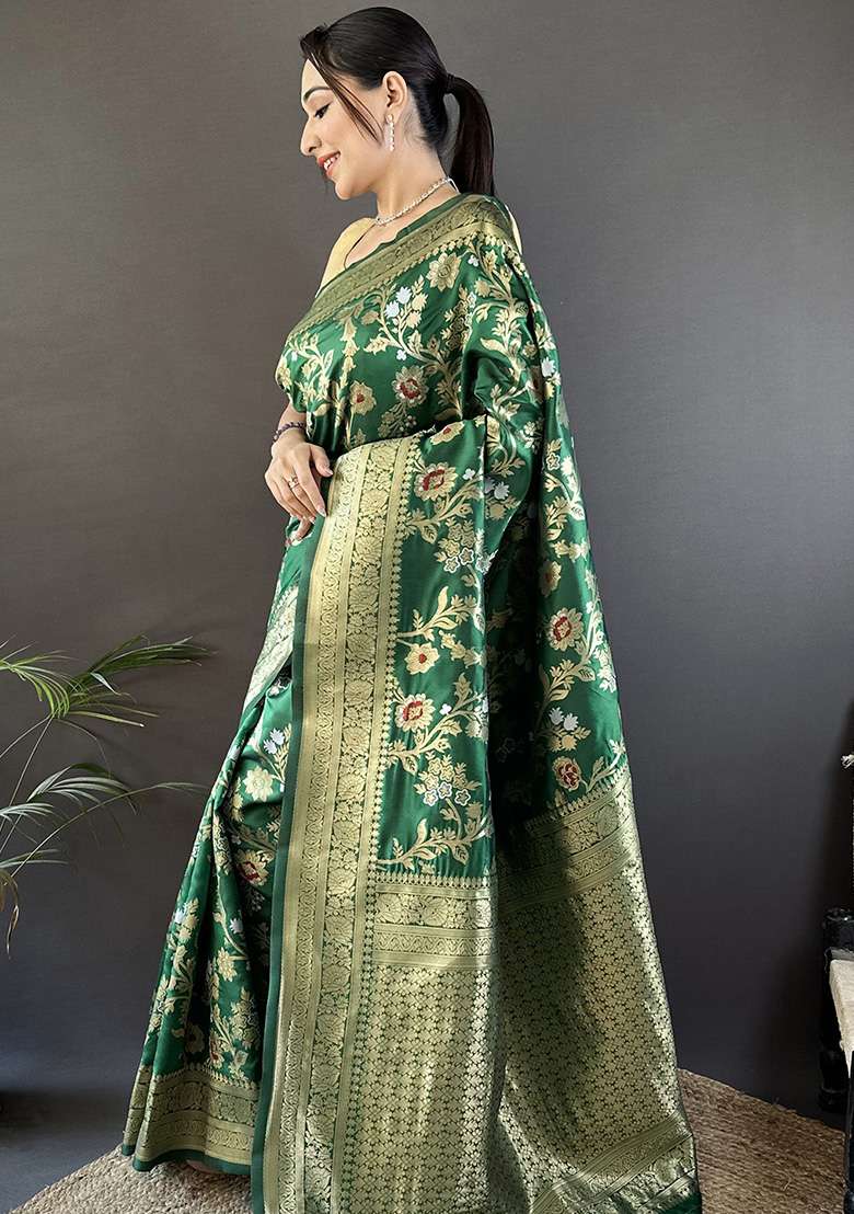 Green Floral & Ethnic Motifs Design Silk Blend Saree Set for Diwali | Wedding & Festive Wear - Indya