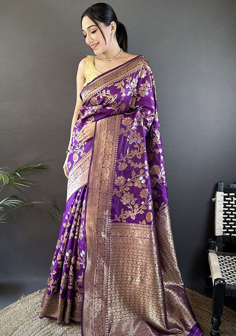 Purple Floral & Ethnic Motifs Design Silk Blend Saree Set for Diwali | Wedding & Festive Wear - Indya