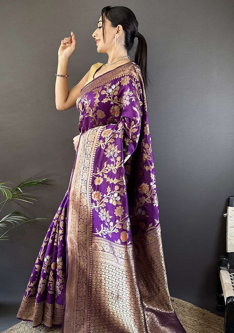 Purple Floral & Ethnic Motifs Design Silk Blend Saree Set for Diwali | Wedding & Festive Wear - Indya