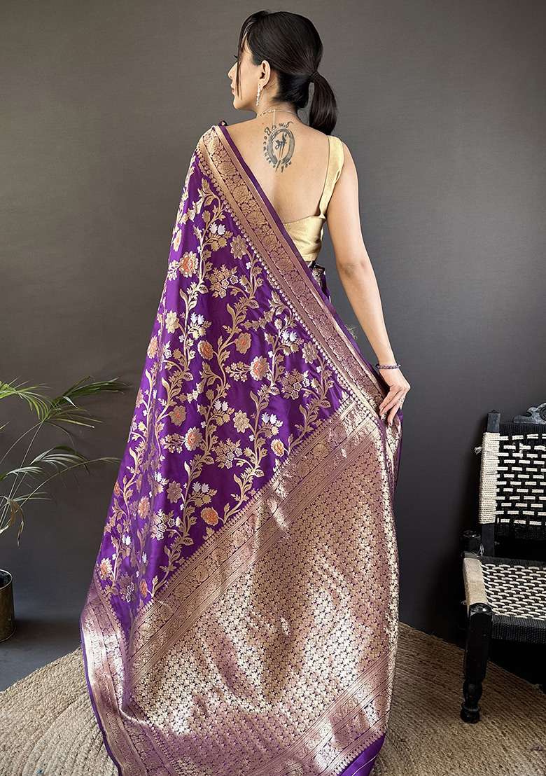 Purple Floral & Ethnic Motifs Design Silk Blend Saree Set for Diwali | Wedding & Festive Wear - Indya