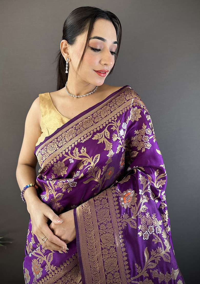 Purple Floral & Ethnic Motifs Design Silk Blend Saree Set for Diwali | Wedding & Festive Wear - Indya