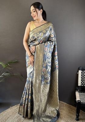 Grey Floral & Ethnic Motifs Design Silk Saree Set