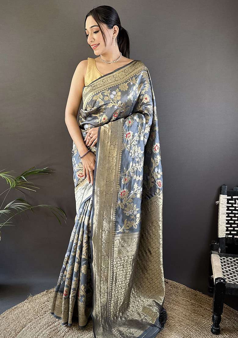 Grey Floral & Ethnic Motifs Design Silk Blend Saree Set for Diwali | Wedding & Festive Wear - Indya