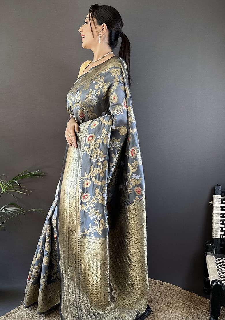 Grey Floral & Ethnic Motifs Design Silk Blend Saree Set for Diwali | Wedding & Festive Wear - Indya