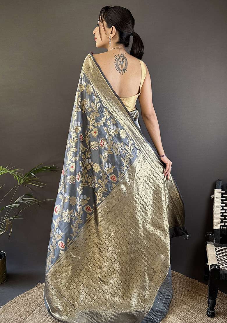 Grey Floral & Ethnic Motifs Design Silk Blend Saree Set for Diwali | Wedding & Festive Wear - Indya