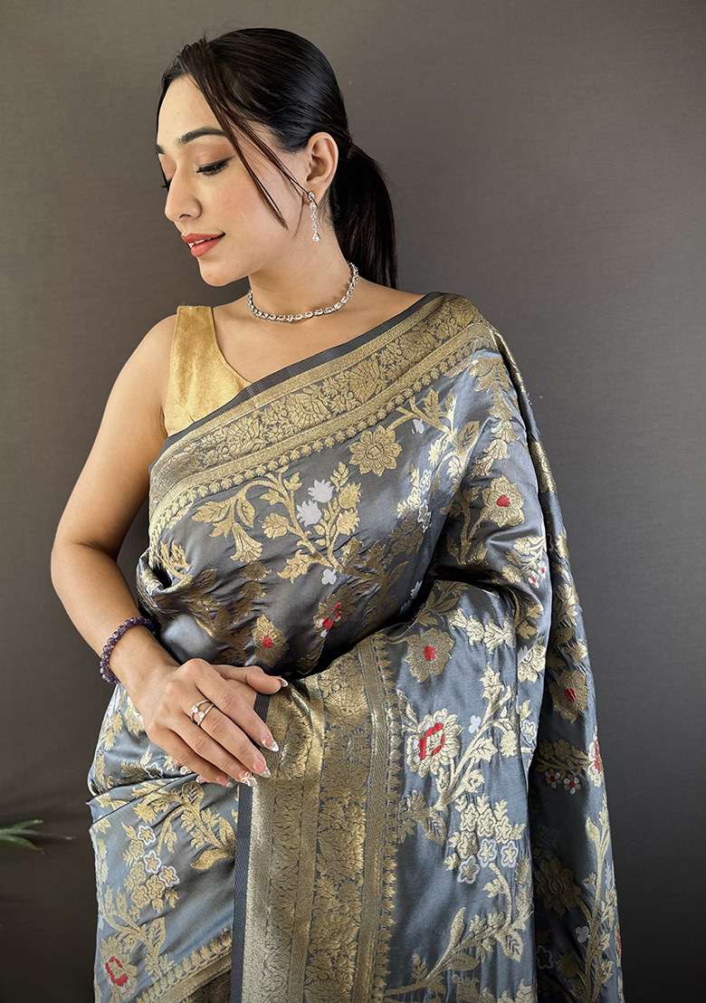Grey Floral & Ethnic Motifs Design Silk Blend Saree Set for Diwali | Wedding & Festive Wear - Indya