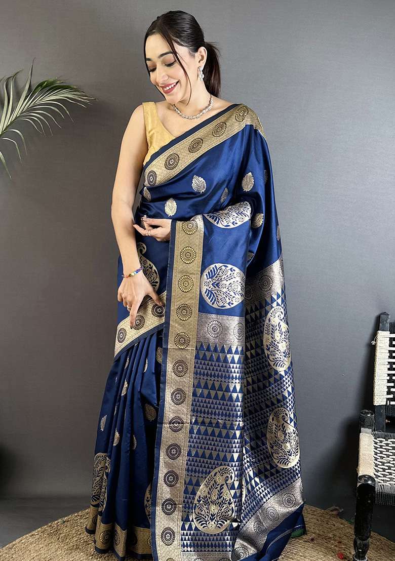 Navy Blue Paisley Silk Saree Set - Indya