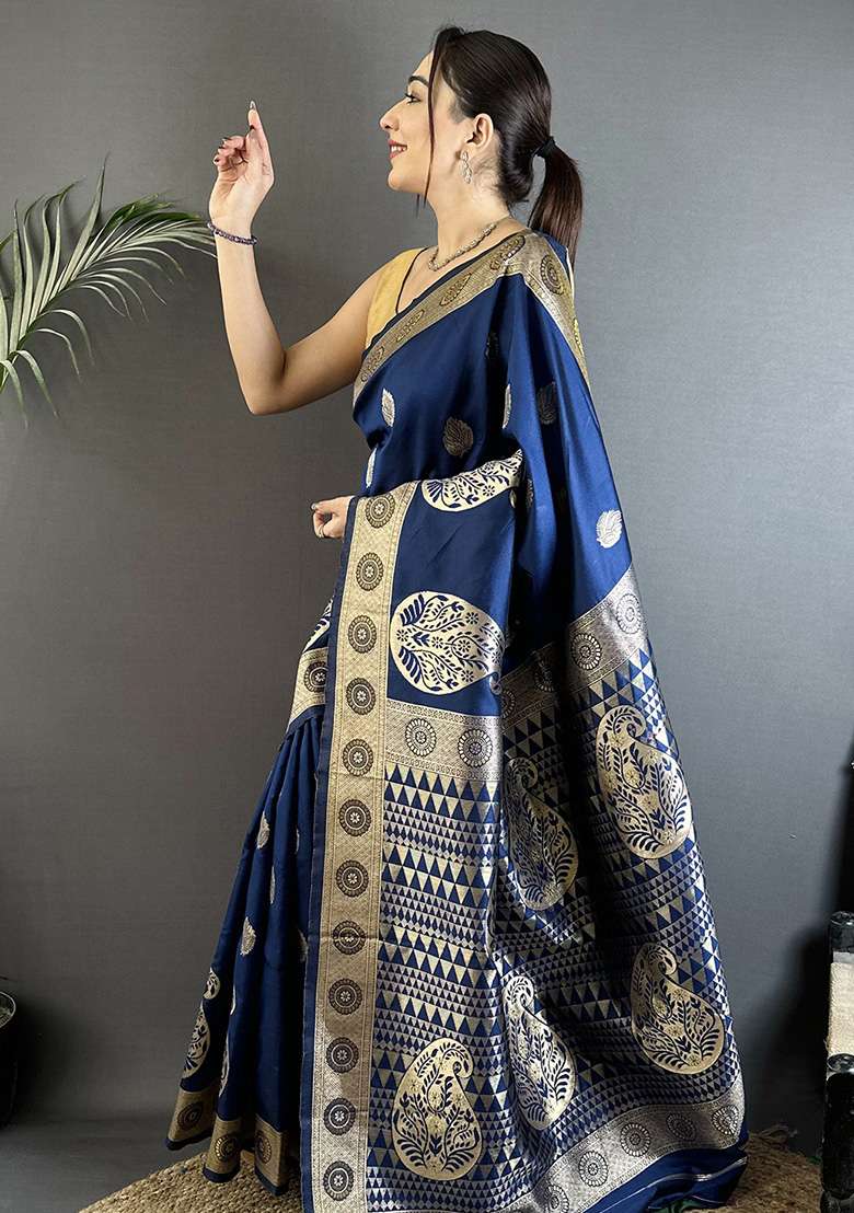 Navy Blue Paisley Silk Saree Set - Indya