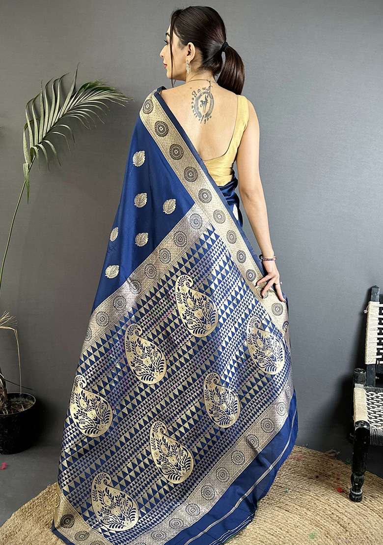 Navy Blue Paisley Silk Saree Set - Indya