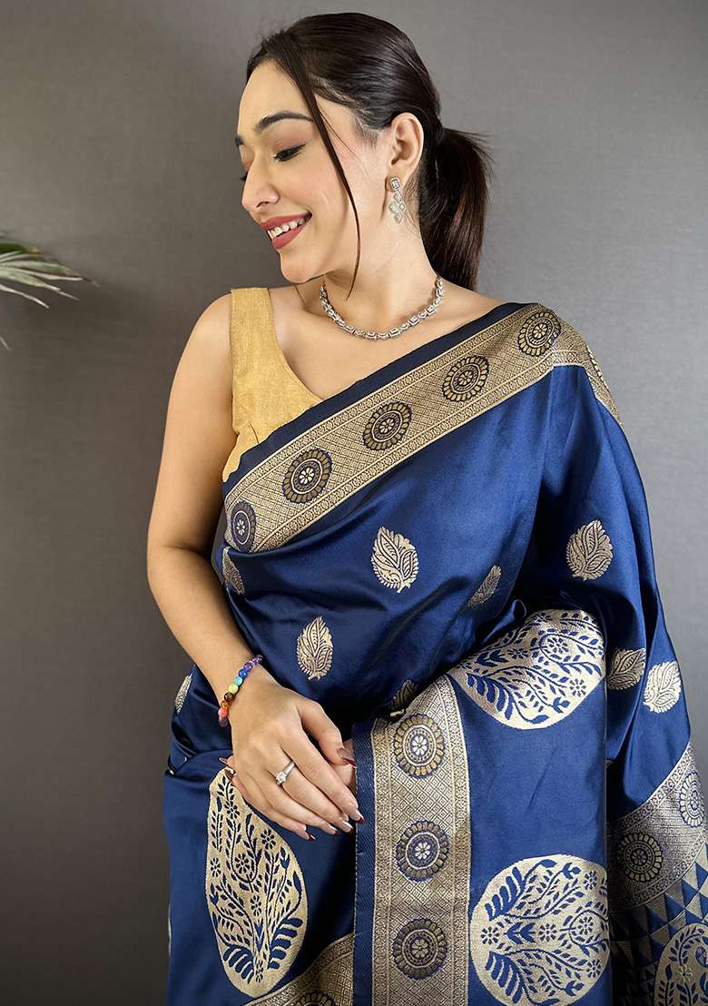 Navy Blue Paisley Silk Saree Set - Indya