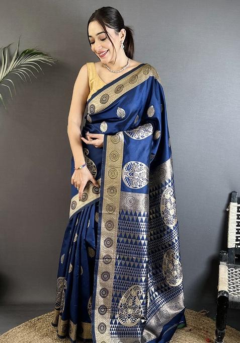 Navy Blue Paisley Silk Saree Set
