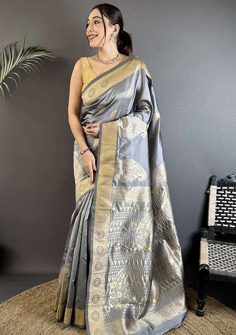 Grey Paisley Silk Saree Set - Indya