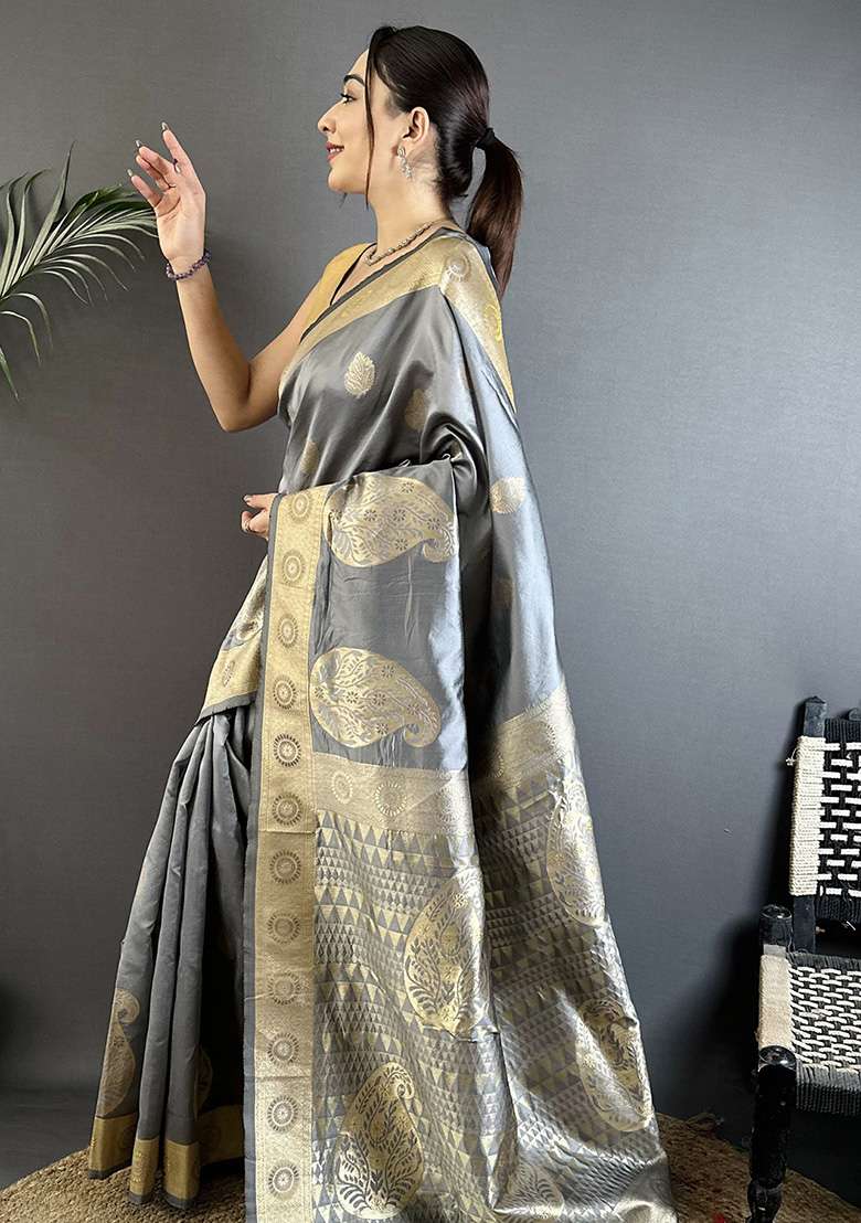 Grey Paisley Silk Saree Set - Indya