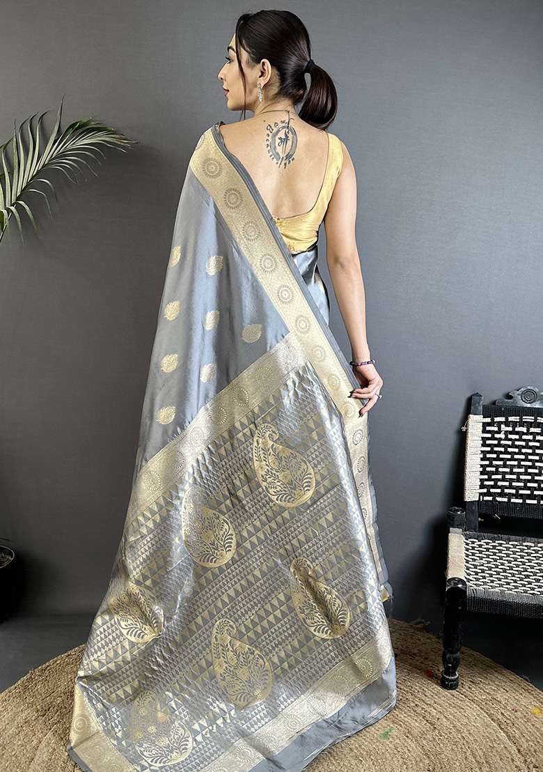 Grey Paisley Silk Saree Set - Indya