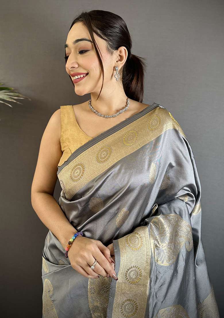 Grey Paisley Silk Saree Set - Indya