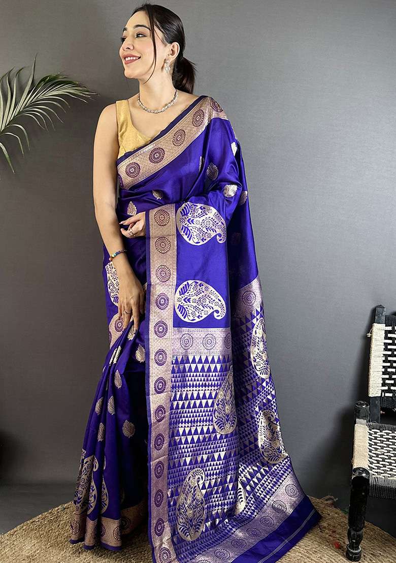 Purple Paisley Silk Saree Set - Indya