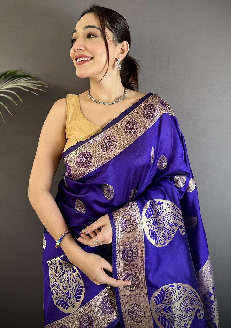 Purple Paisley Silk Saree Set - Indya